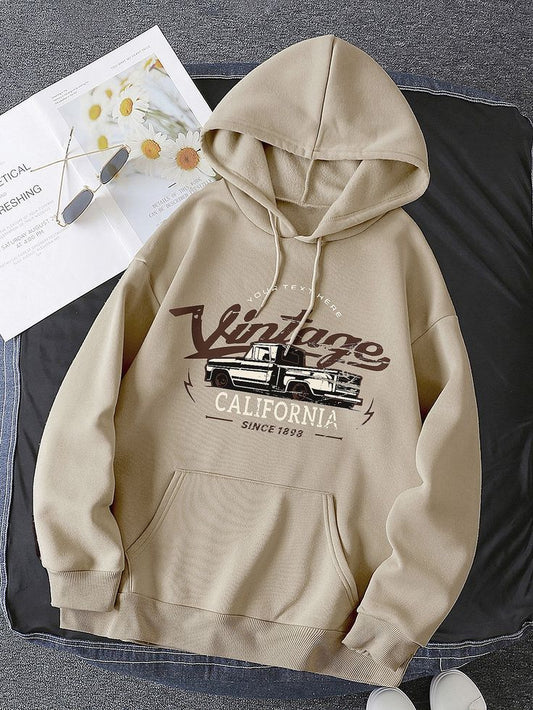 Car And Letter Graphic Kangaroo Pocket Drawstring Thermal Hoodie - Zenzweave