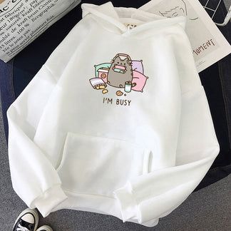 "I’m Busy" Cartoon Cat Hoodie for Women – Cute and Cozy Casual Pullover Sweatshirt (White) - Zenzweave