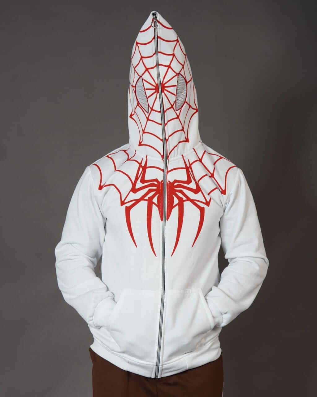 White Spiderman Hoodie with Full Mask – Stand Out in Superhero Style - Zenzweave